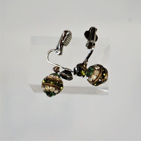 Vintage Egg Shape Clip-On Earrings Green Glass And Sparkling Rhinestones - Picture 5 of 6